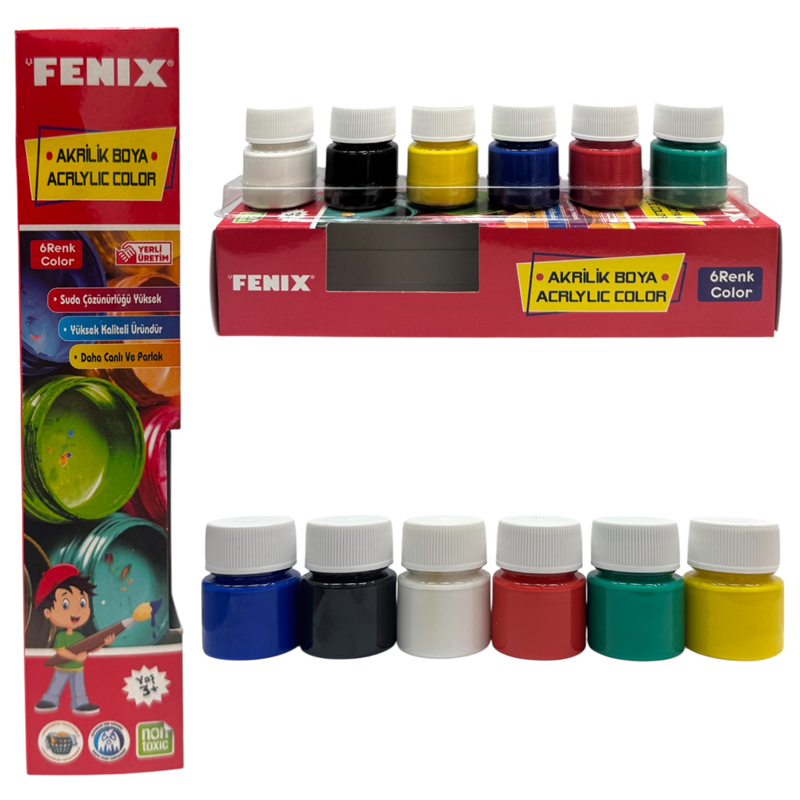 FENİX 6 RENK KARIŞIK 15 ML ŞİŞE AKRİLİK BOYA