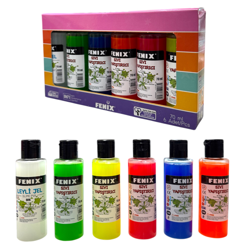 FENİX RENKLİ KARIŞIK 70 ML SIVI SLİME YAPIŞTIRICI 6LI PAKET