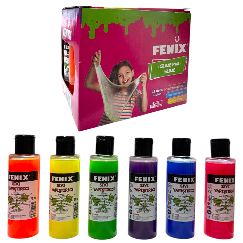FENİX LEYLİ 70 ML KARIŞIK RENK SIVI YAPIŞTIRICI SLİME JELİ 12Lİ PAKET