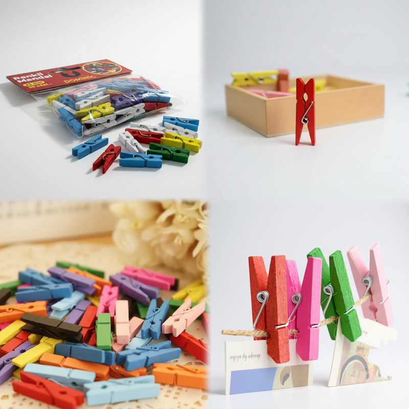 Ahşap Renkli Mini Mandal 25 Mm 50'Li Paket , Dekoratif Süsleme Renkli Minik Ahşap Mandal