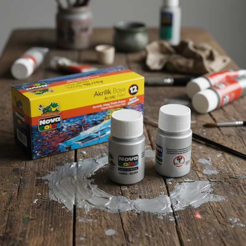 Nova Color Şişe Akrilik Boya Gümüş Renk 30 Ml 12'Li Paket