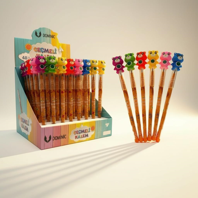 No.231119-3 Sevimli Renkli Ayı Modeli Geçmeli Yumurtlayan Kalem 48'Li Paket