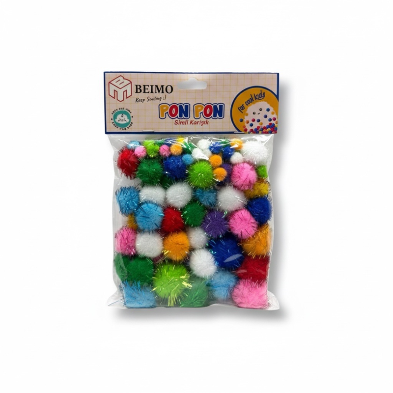 Simli Pon Pon Karışık 3 Boy Karışık Renkler 90'Lı Poşet 12'Li Paket