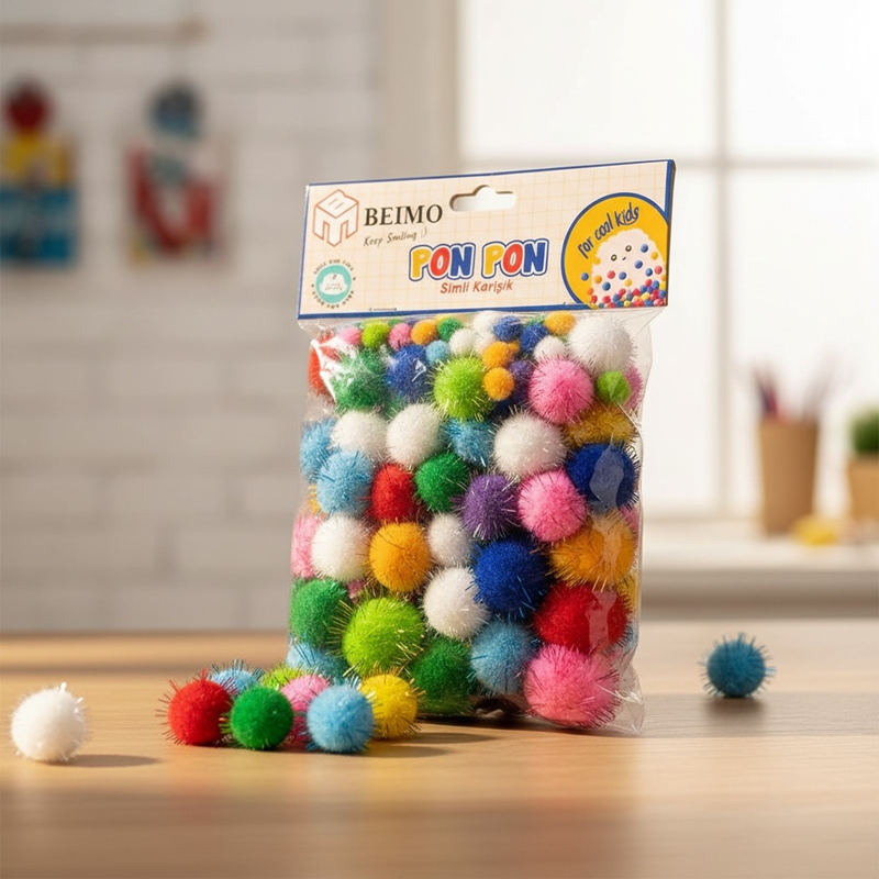 Simli Pon Pon Karışık 3 Boy Karışık Renkler 90'Lı Poşet 12'Li Paket