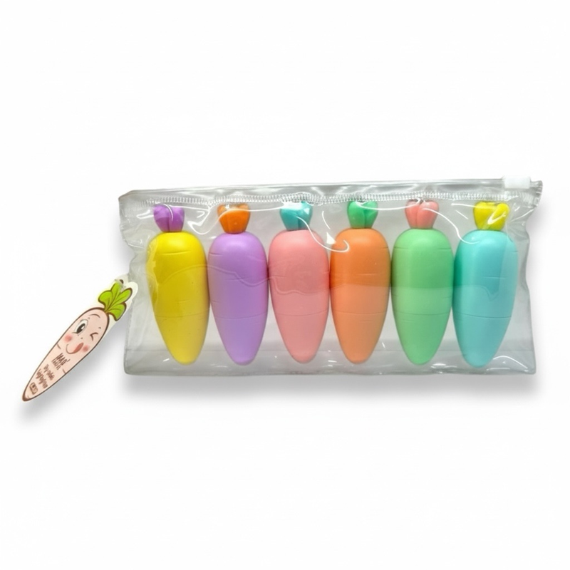M-809 Havuç Figürü Pastel Renkler Fosforlu Kalem 6'Lı Set