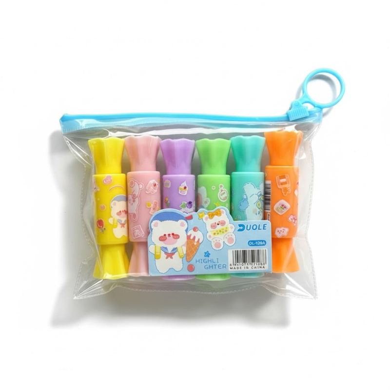 Dl-128/A Şeker Figürü Çift Taraflı Pastel Renkler Fosforlu Kalem 6'Lı Set