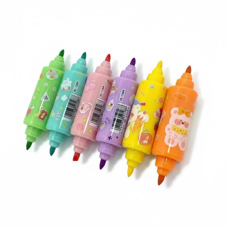 Dl-128/A Şeker Figürü Çift Taraflı Pastel Renkler Fosforlu Kalem 6Lı Set