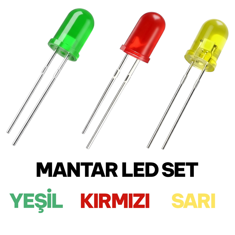 Mantar Led Kırmızı-Yeşil-Sarı Renkler 100'Lü Poşet 12'Li Paket (Her Renkten 400 Adet / Toplam 1200 Adet)