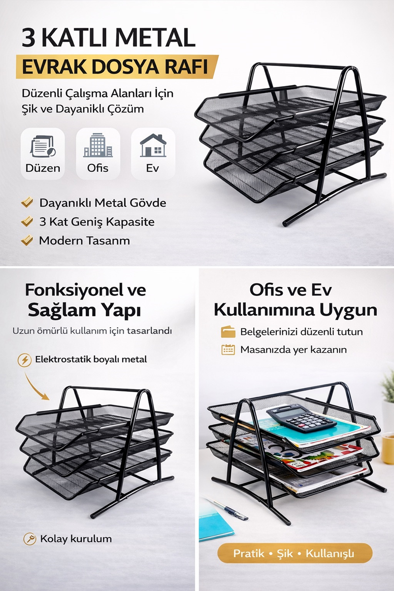 Metal Evrak Rafı 3 Katlı