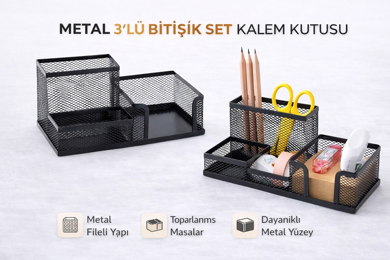 Metal 3'Lü Bitişik Kalemlik Seti