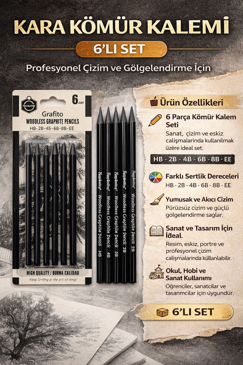 Kömür Kalemi 6’lı Set - Çizim Kalemi - Füzen Kara Kalem Seti 2H-HB-2B-4B-6B-8B