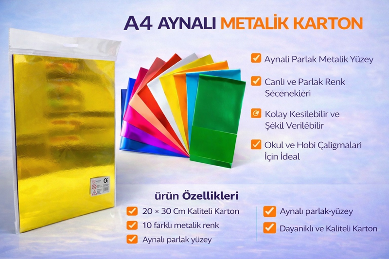 A4 20*30 Cm Aynalı Metalik Karton 10 Renk Karışık Renkler * Koli 200