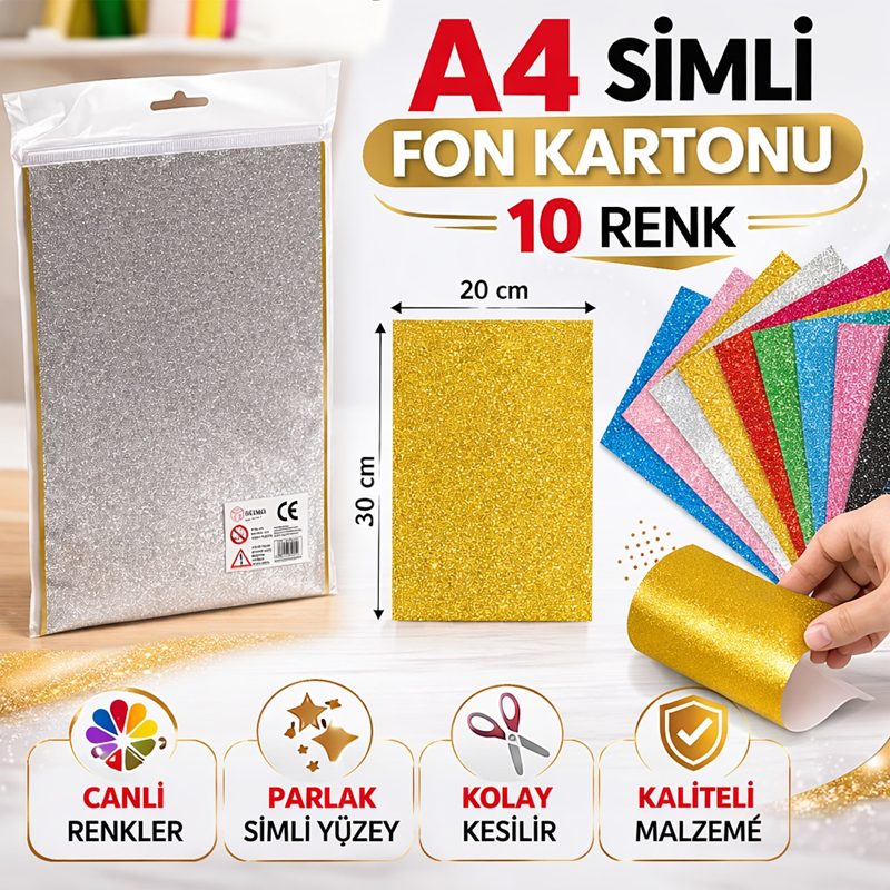 A4 20*30 Cm Simli Fon Kartonu 10 Renk Karışık Renkler * Koli 200