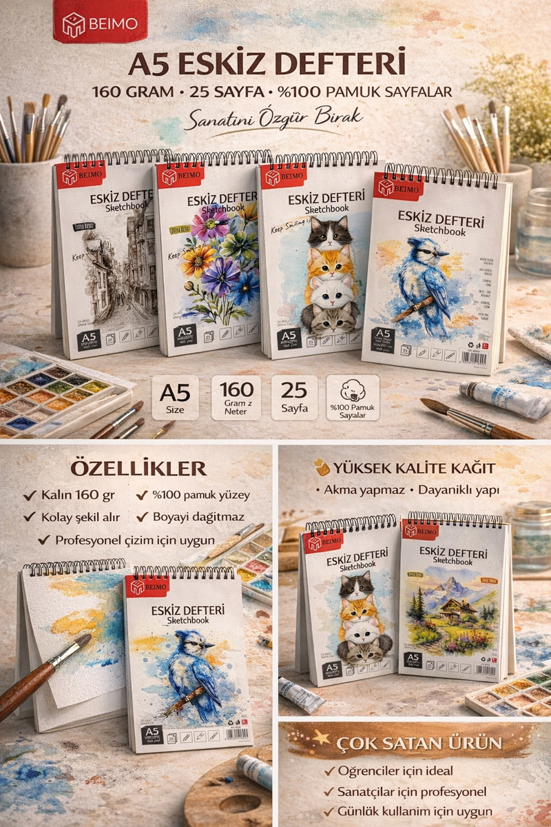 A5 Telli Eskiz Defteri 160 Gr 25 Sayfa 148*210 Mm %100 Pamuk Sayfa