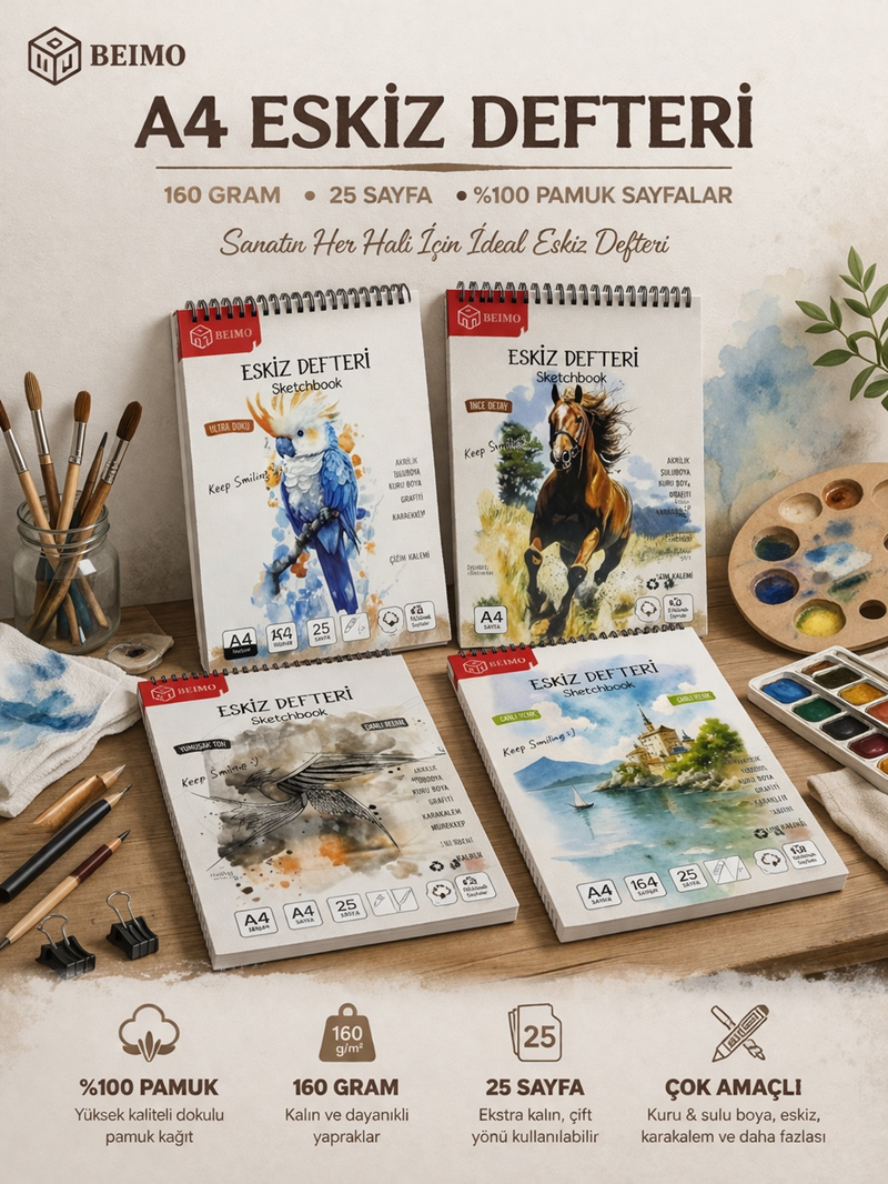 A4 Telli Eskiz Defteri 160 Gr 25 Sayfa 210*297 Mm %100 Pamuk Sayfa
