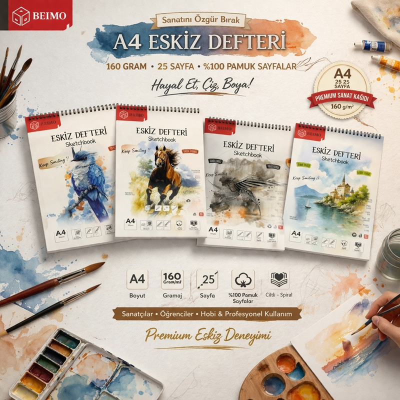 A4 Telli Eskiz Defteri 160 Gr 25 Sayfa 210*297 Mm %100 Pamuk Sayfa