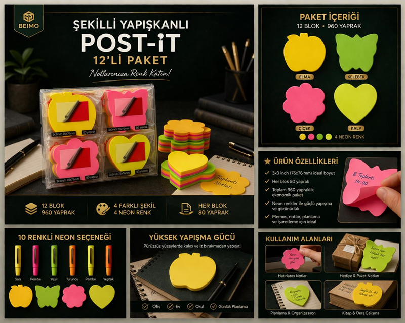 Şekilli Yapışkanlı Post-it Not Kağıdı 12'Li Paket Şekilli Yapışkanlı Post-it Not Kağıdı 12'Li Paket