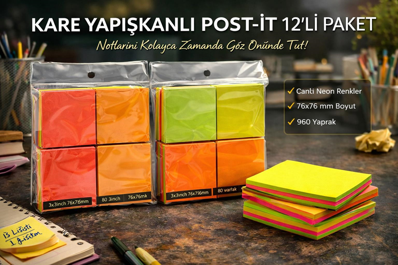 Kare Yapışkanlı Post-it Not Kağıdı (İçi Karışık) 12'Li Paket