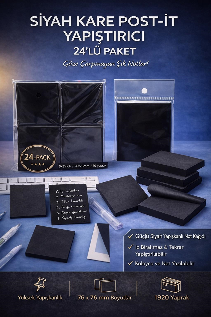 Siyah Kare Modeli Yapışkanlı Post-it 24'Lü Paket Siyah Kare Modeli Yapışkanlı Post-it 24'Lü Paket