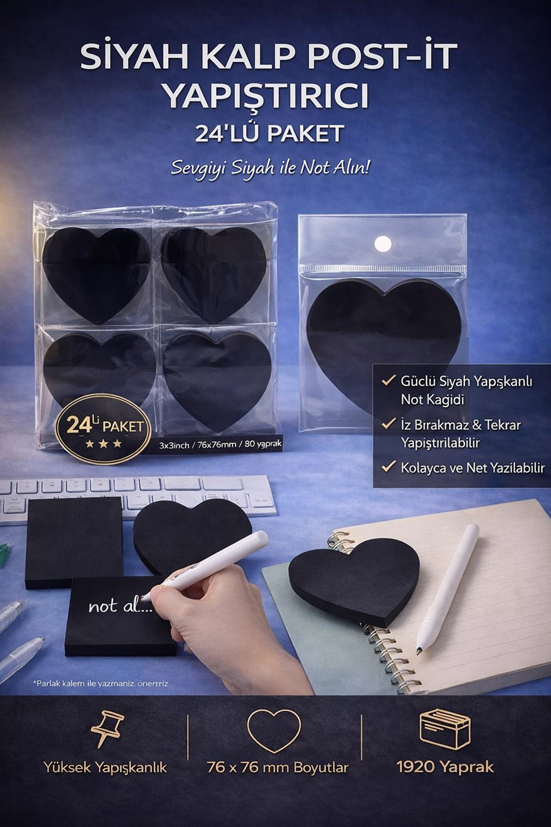 Siyah Kalp Modeli Yapışkanlı Post-it 24'Lü Paket Siyah Kalp Modeli Yapışkanlı Post-it 24'Lü Paket