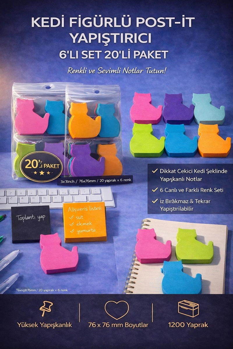 Kedi Figürlü Yapışkanlı Post-it 20'Li Paket