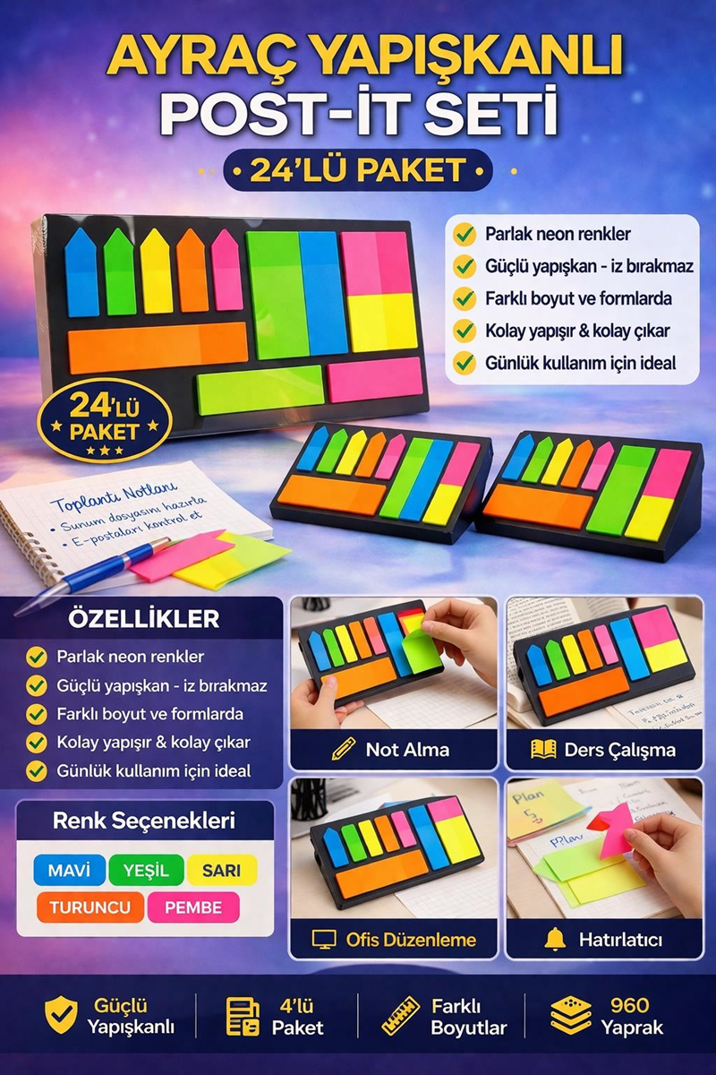 Ayraç Yapışkanlı Post-it Seti 24'Lü Paket