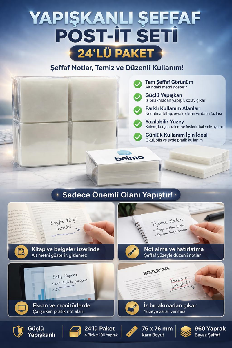 Şeffaf Post-it Yapıştırıcı 50 Yaprak 24'Lü Paket Şeffaf Post-it Yapıştırıcı 50 Yaprak 24'Lü Paket