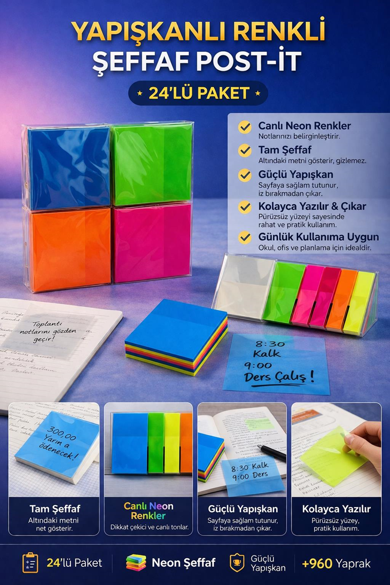 Renkli Şeffaf Yapışkanlı Kare Post-it 24'Lü Paket 50 Yaprak