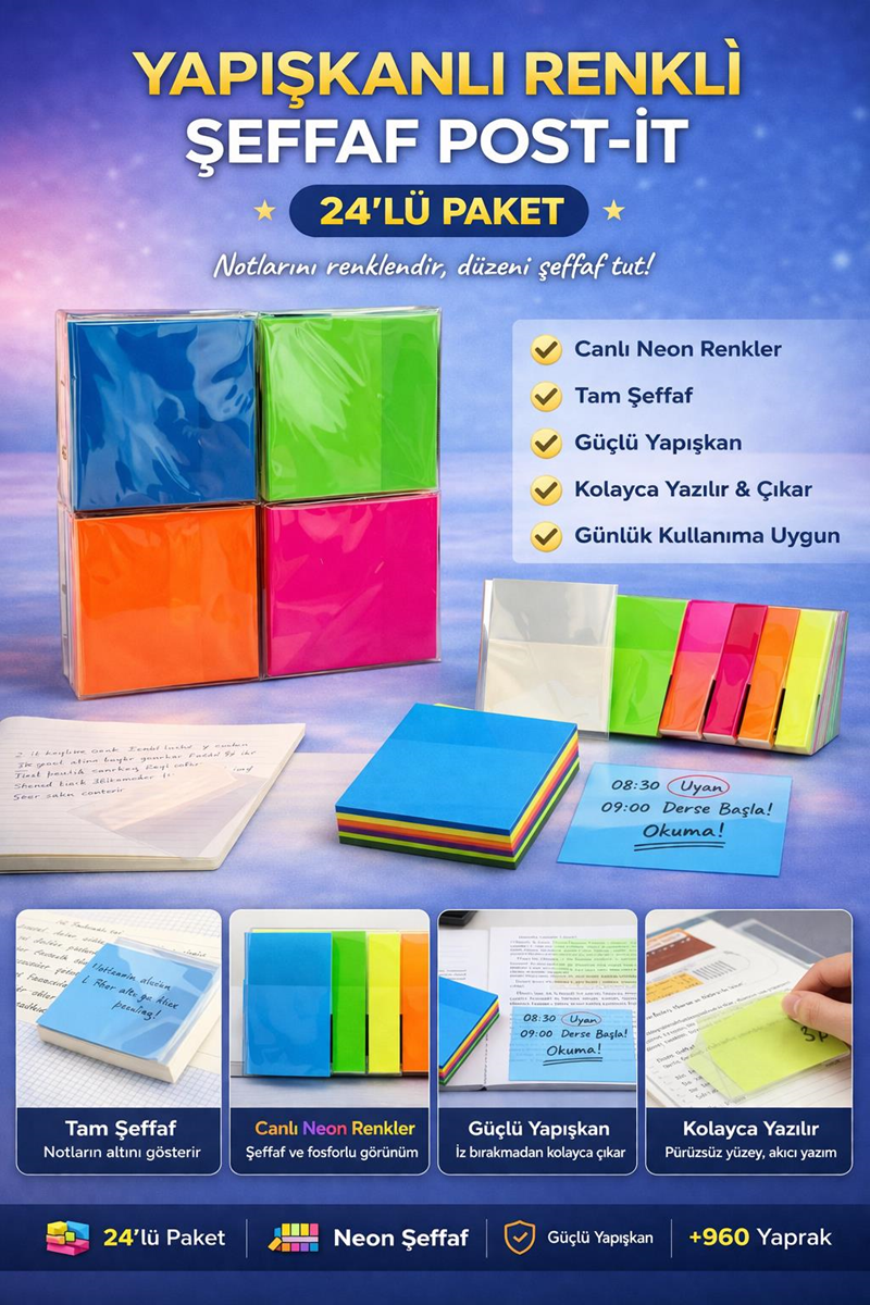 Renkli Şeffaf Yapışkanlı Kare Post-it 24'Lü Paket 50 Yaprak Renkli Şeffaf Yapışkanlı Kare Post-it 24'Lü Paket 50 Yaprak