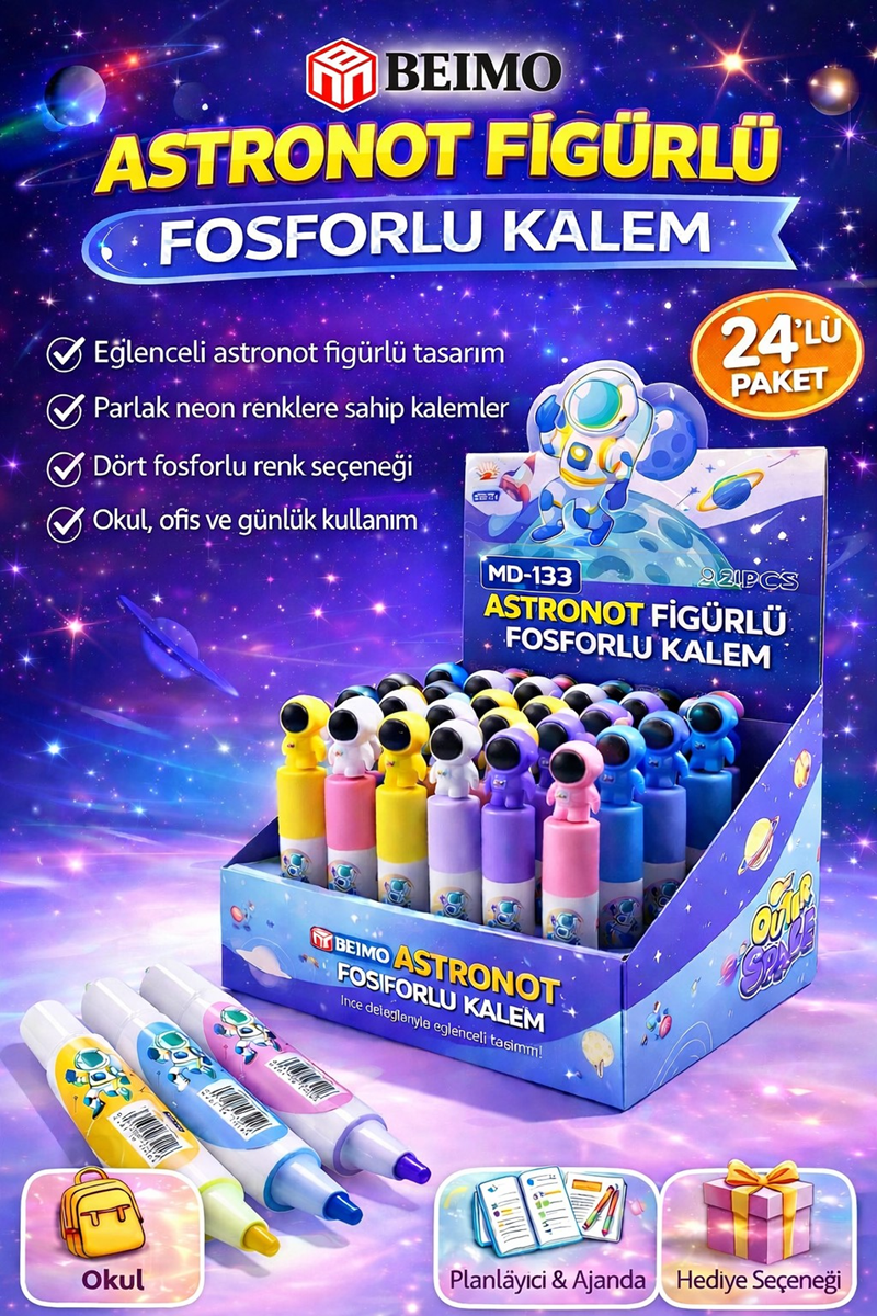 Md-132 Astronot Figürlü Fosforlu Kalem 24Lü Paket