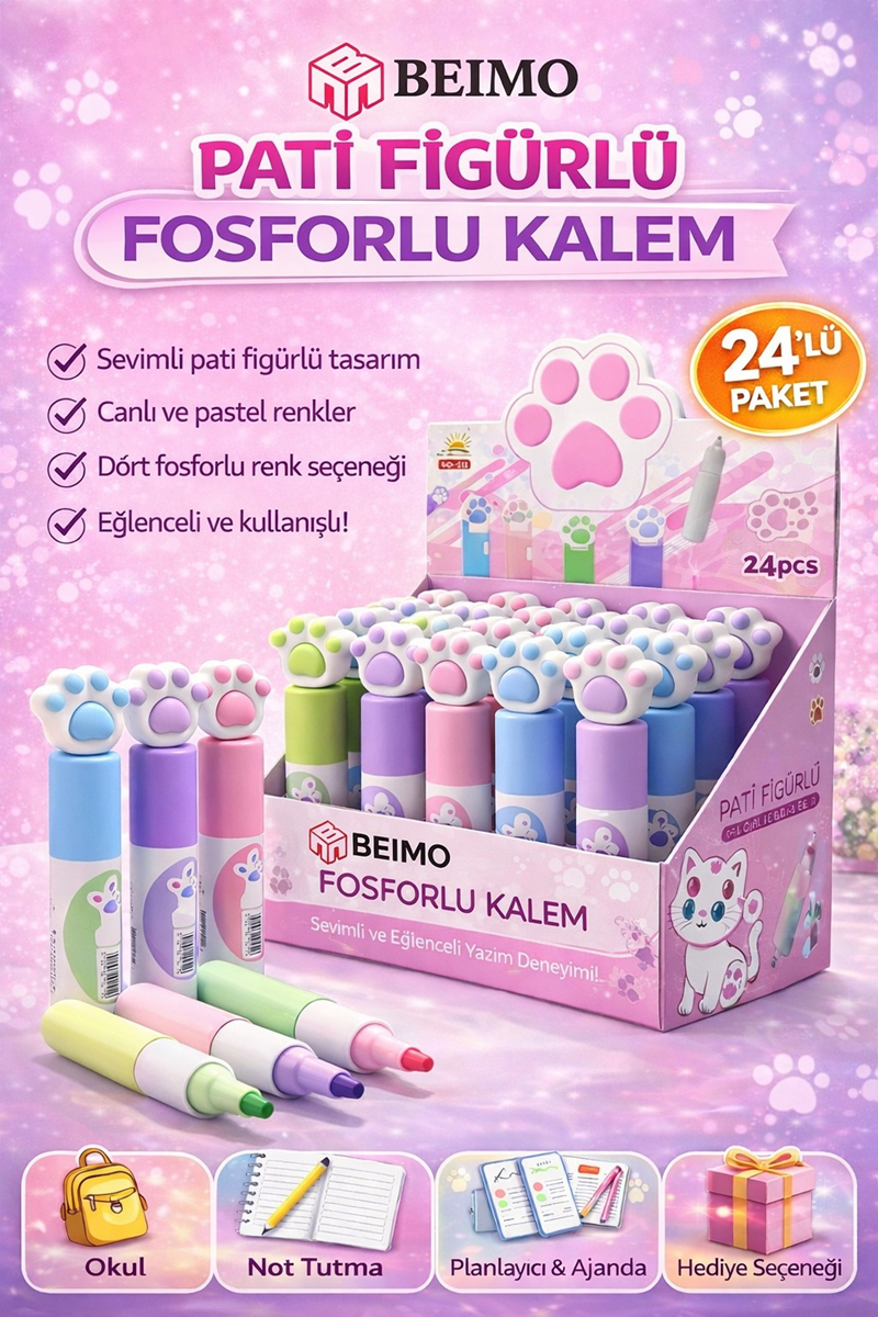 Md-132 Pati Figürlü Fosforlu Kalem 24Lü Paket Md-132 Pati Figürlü Fosforlu Kalem 24Lü Paket