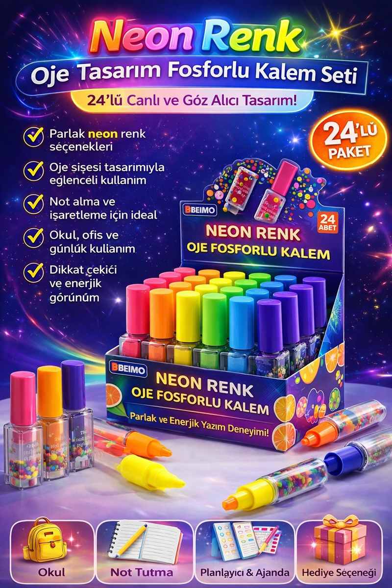 Oje Figürlü Neon Renk Fosforlu Kalem 24'Lü Paket Oje Figürlü Neon Renk Fosforlu Kalem 24'Lü Paket