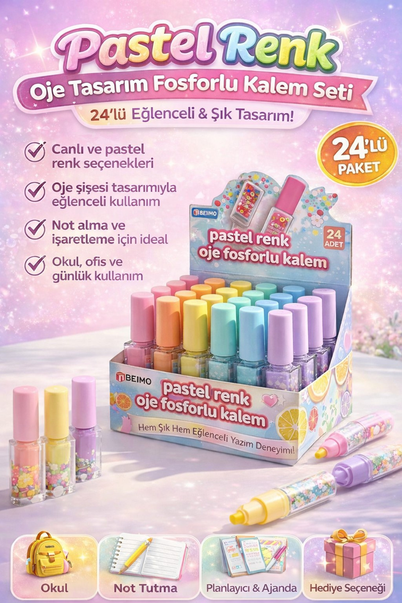 Oje Figürlü Pastel Renk Fosforlu Kalem 24'Lü Paket Oje Figürlü Pastel Renk Fosforlu Kalem 24'Lü Paket