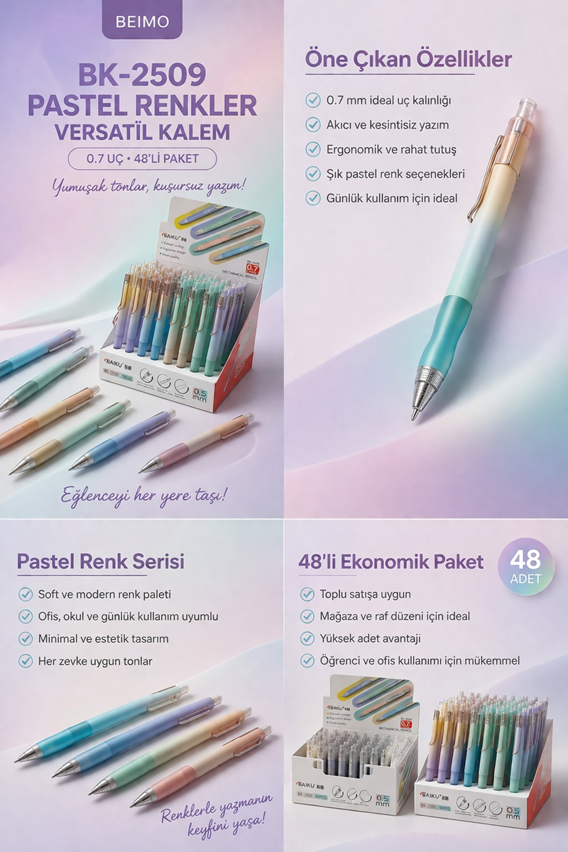 Bk-2509 Metal Renkli Versatil Uçlu Kalem 0.7 Uç 48Li Paket