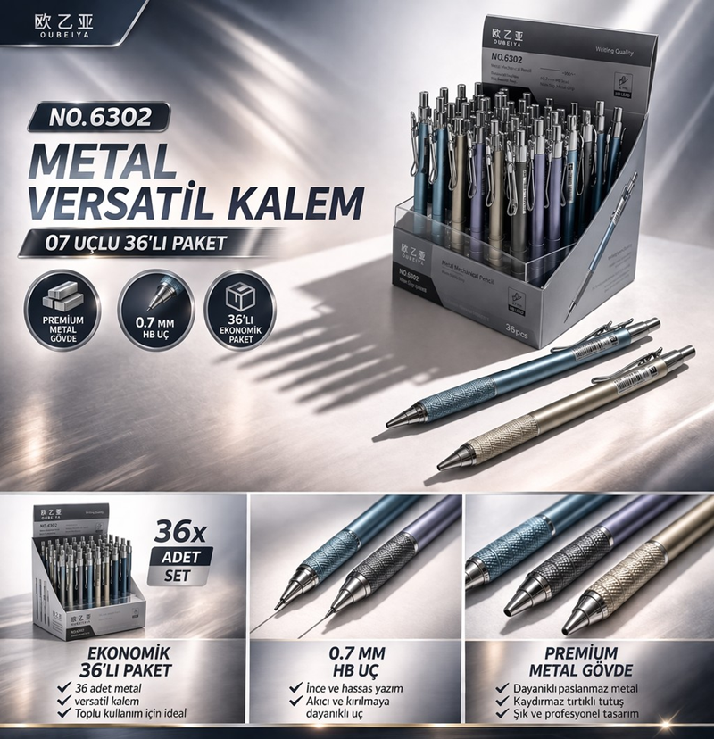 6302 Metal Versatil Uçlu Kalem 0.7 Uç 36'Lı Paket
