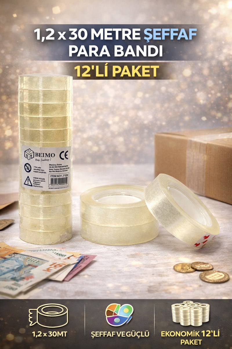 1.2*30 Metre Para Bandı Şeffaf 12'Li Paket