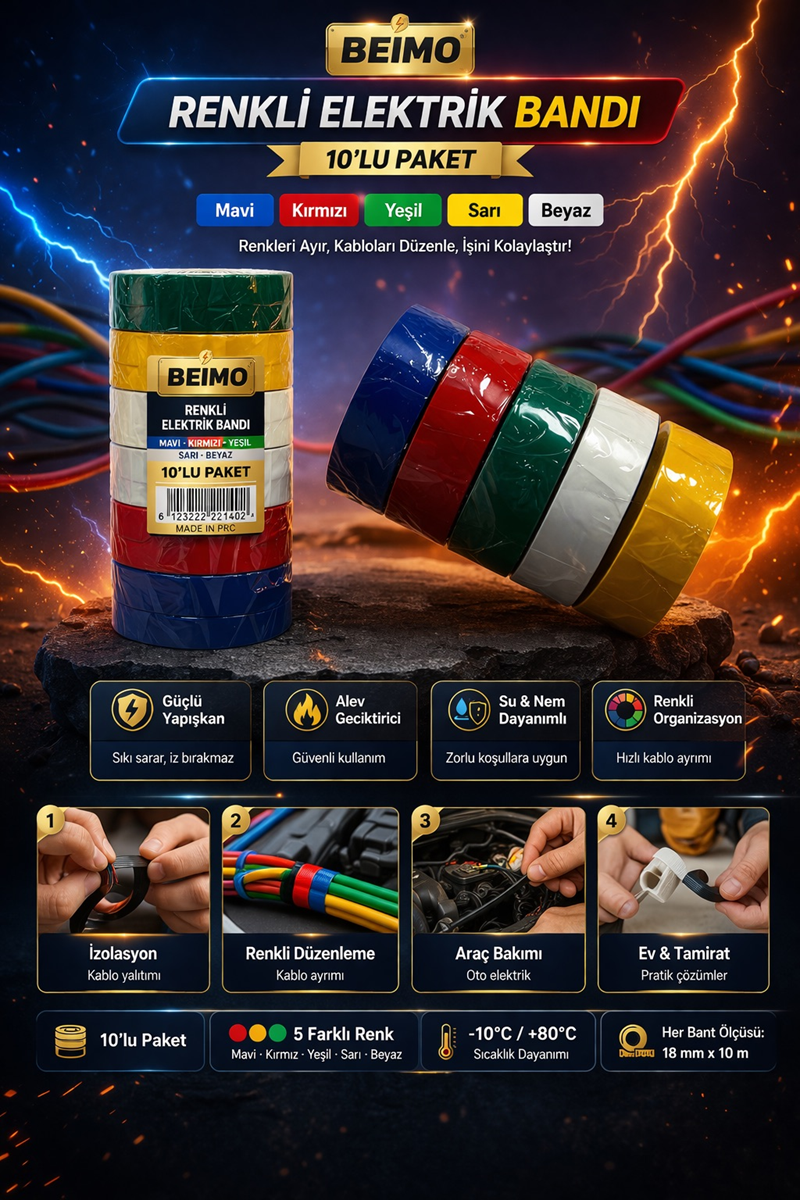 Renkli Elektrik Bandı 10'Lu Paket Renkli Elektrik Bandı 10'Lu Paket