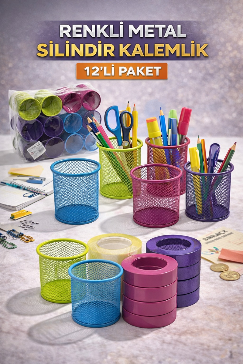 Metal Silindir Kalem Kutusu Renkli (Uzunluk 10 Cm) 12Li Paket