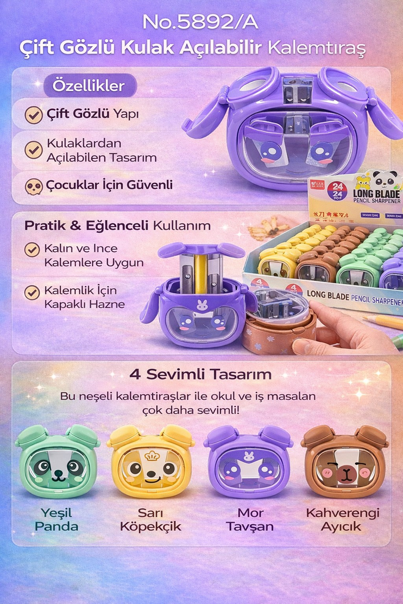 No.5892/A Çift Gözlü Kulak Açılabilir Kalemtıraş 24Lü Paket
