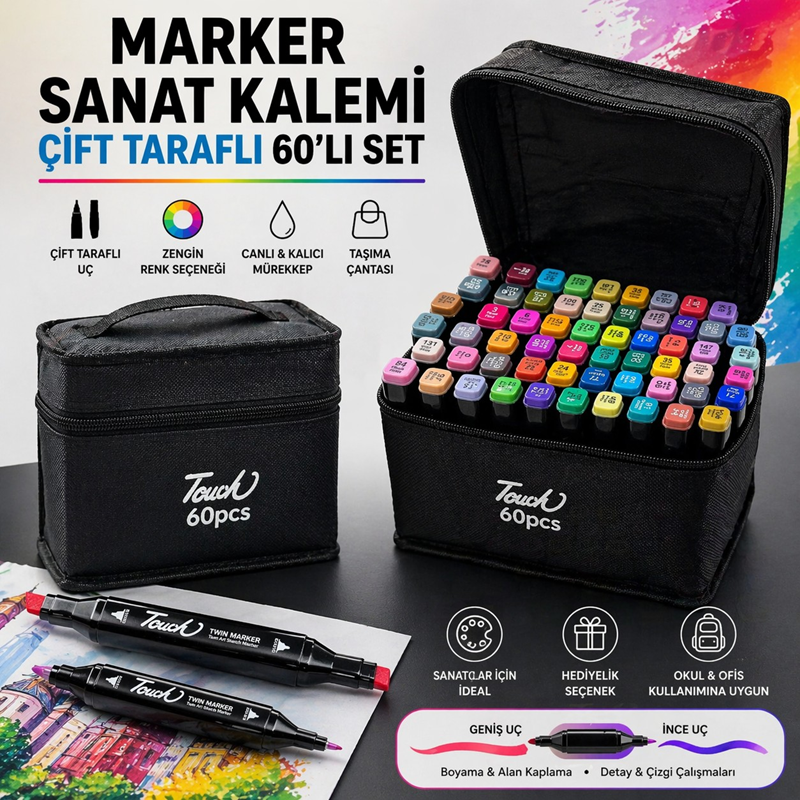 Touch Marker Sanat Kalemi Çift Taraflı 60 Renk Touch Marker Sanat Kalemi Çift Taraflı 60 Renk