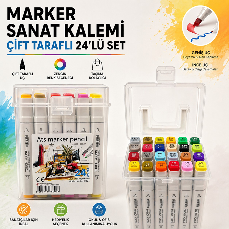 Marker Sanat Kalemi Çift Taraflı 24 Renk Kutulu Marker Sanat Kalemi Çift Taraflı 24 Renk Kutulu