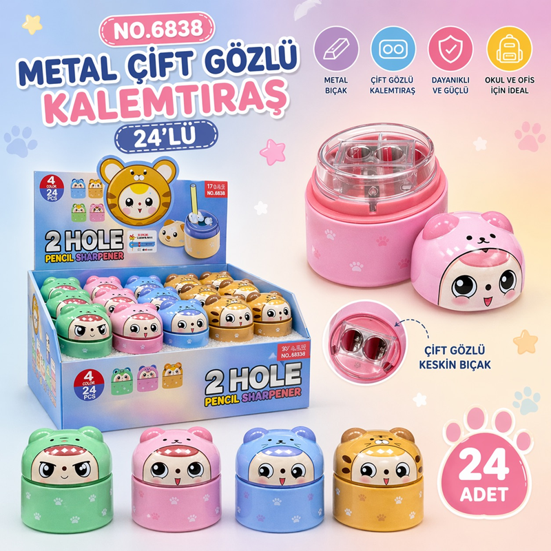 No.6838 Metal Çift Gözlü Kalemtıraş 24'Lü Paket