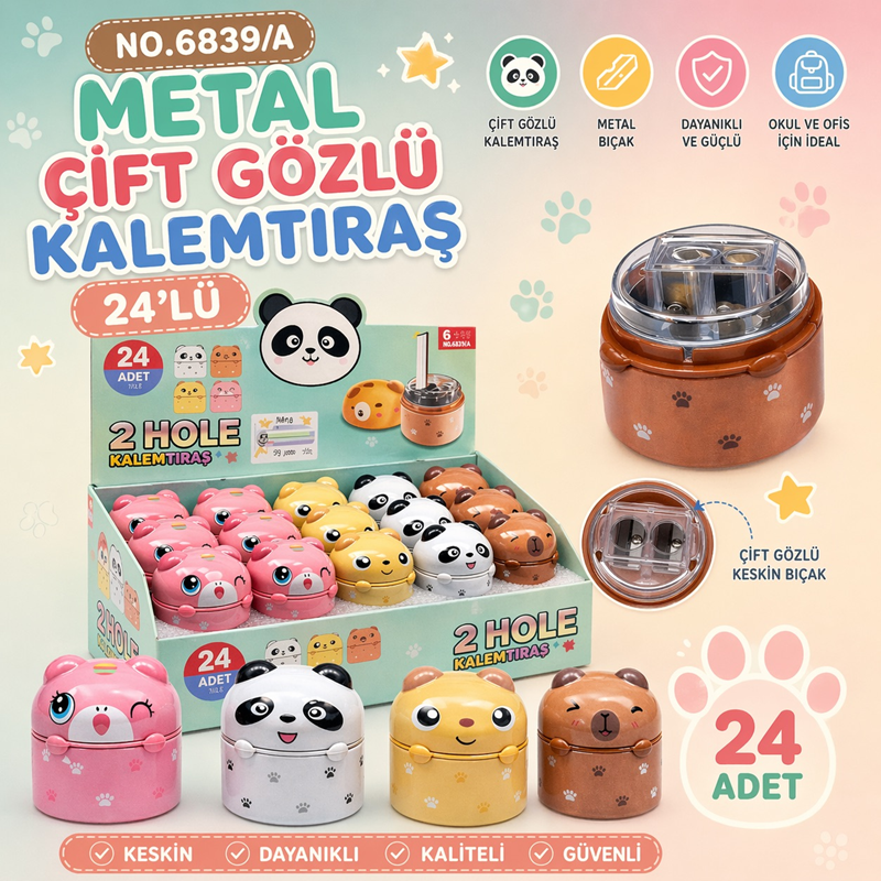 No.6839/A Metal Çift Gözlü Kalemtıraş 24'Lü Paket