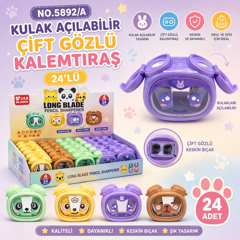 No.5892/A Çift Gözlü Kulak Açılabilir Kalemtıraş 24'Lü Paket