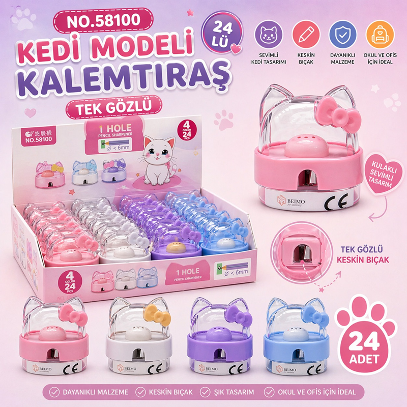 No.58100 Sevimli Kedi Modeli Kalemtıraş 24'Lü Paket