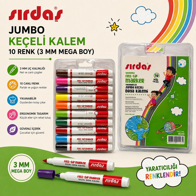 Yıkanabilir Jumbo Keçeli Kalem 10 Renk (3 Mm Uç Mega Boy) Yıkanabilir Jumbo Keçeli Kalem 10 Renk (3 Mm Uç Mega Boy)