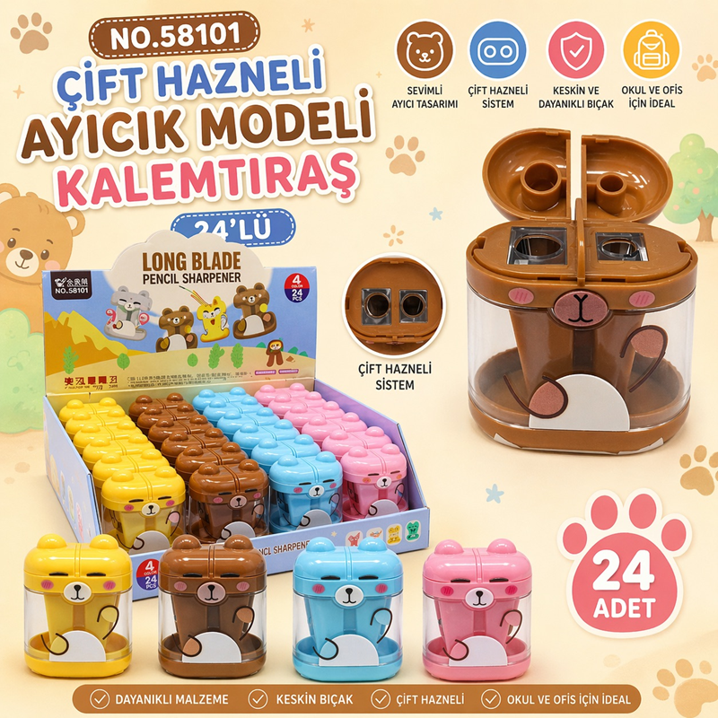 No.58101 Ayıcık Modeli Çift Hazneli Kalemtıraş 24'Lü