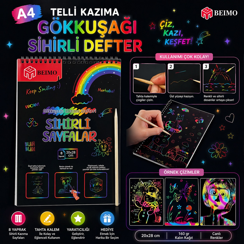 A-4 Spralli Kazıma Gökkuşağı Sihirli Defter 8 Sayfa 10 Yaprak