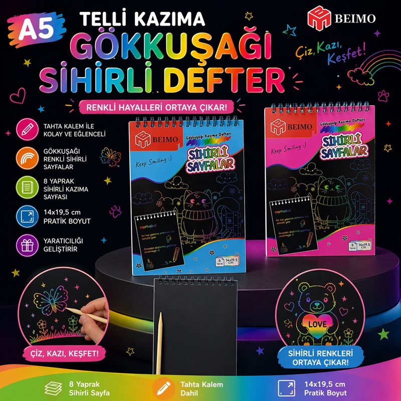 A-5 Spralli Kazıma Gökkuşağı Sihirli Defter 8 Sayfa 10 Yaprak A-5 Spralli Kazıma Gökkuşağı Sihirli Defter 8 Sayfa 10 Yaprak