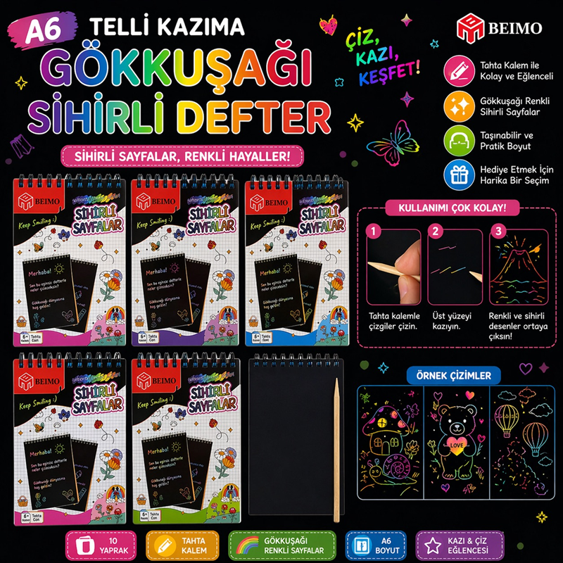 A-6 Spralli Kazıma Gökkuşağı Sihirli Defter 8 Sayfa 10 Yaprak A-6 Spralli Kazıma Gökkuşağı Sihirli Defter 8 Sayfa 10 Yaprak
